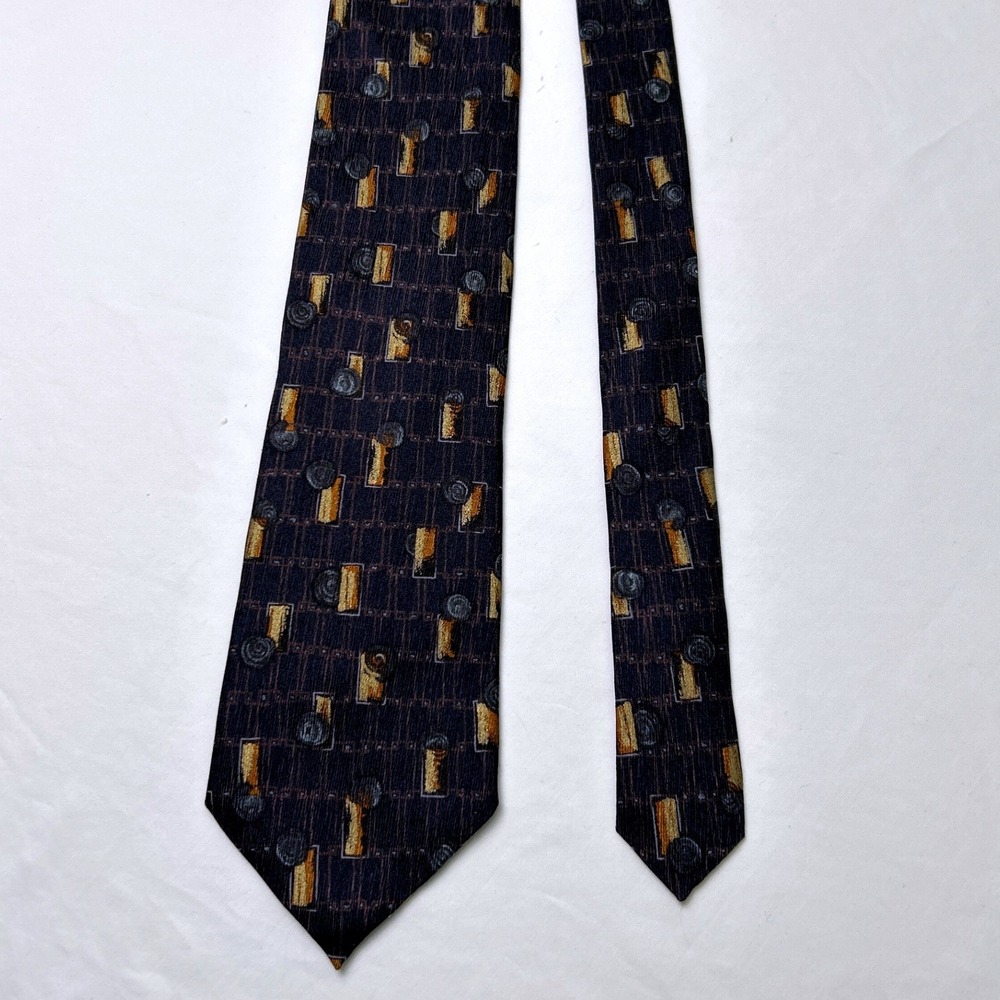 Paul Fredrick Mens Abstract Geometric Italian Silk Hand Tailored Tie Navy Gold